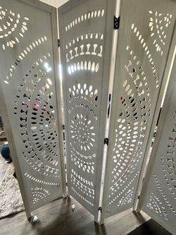 Six – panel Boho room divider – white washed wood – Mandela cut out