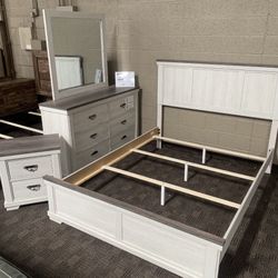White Brown Queen Dresser Bed Set 