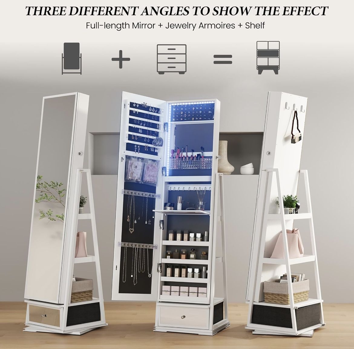 White 360° Swivel Mirror with LED, Storage, Shelves 