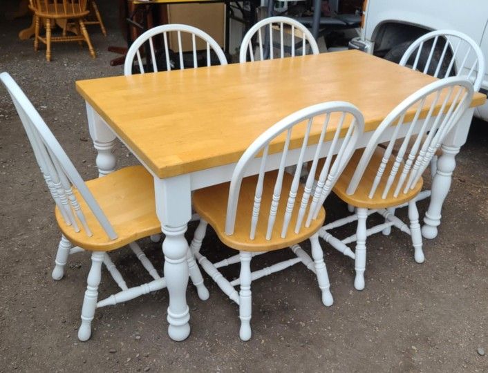 White Farmhouse Dining Table And 6 Chairs Solid Oak/ Rustic/ Country/ Set / Real Wood
