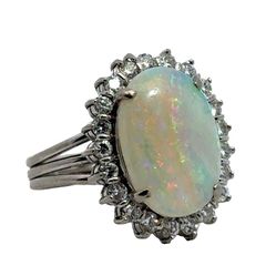 Lady's Gold Ring 18K White Gold Sz:6.5 Opal & Diamond Ring + Appraisal (PO1011421)