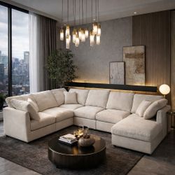 117” Modular Sectional Sofa U-Shaped Cloud Couch, 7-Seat Chenille w/ Ottoman
