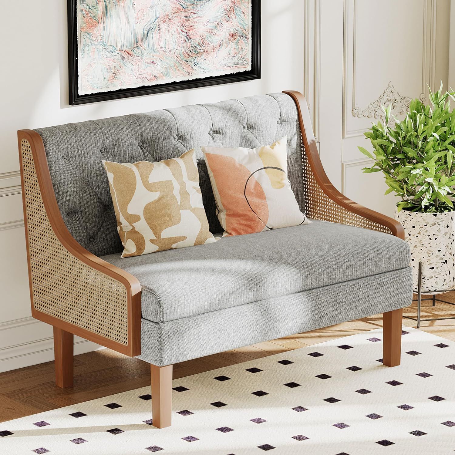 Loveseat Settee Bench with Natural Rattan Arms,Upholstered Modern Mini Sofa Couch,Banquette Dining Bench Love Seat for Living Dining Room Bedroom Offi
