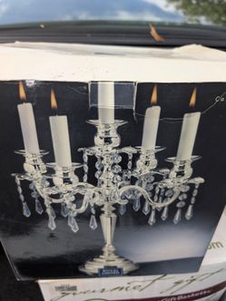 Pair of Brand New Royal Limited 5-Arm Crystal Candelabras ($350)Brand new, never used pair of Royal Limited 5-arm silver-plated candelabras with hangi