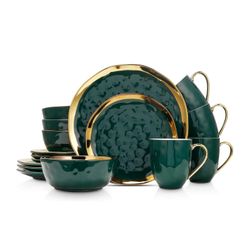 16 Piece Dinnerware Set, Plates and Bowls Set, Dish set for 4, Green and Golden Rim