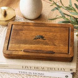 Vintage Mid Century Entertaining Set – Wood Serving Box w/ Porcelain Inserts & Cheese Knife