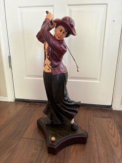 28” Lady Golfer Resin Statue on Wood Base – Vintage Style Golf Decor