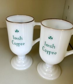 Vintage Pair Federal Glass Irish Coffee Pedestal Mugs Milk Glass Green  Shamrock