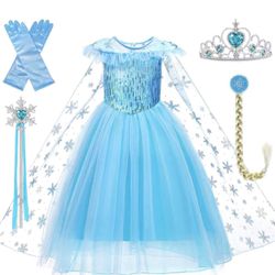 5pcs Girls Blue Princess Dress Costume  Dress With Hair Clip, Gloves, Crown & Princess Wand Accessories