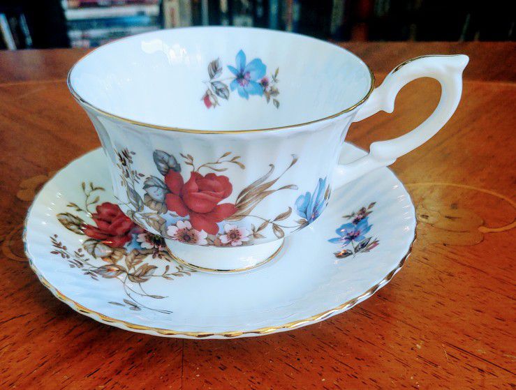 Vintage Estate Paragon Floral Design Bone China Cup & Saucer Decorated With Red Pink & Blue Flowers!!