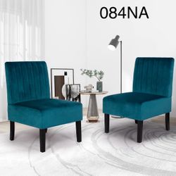 Modern Velvet Armless Accent Chair Set of 2 Decorative Slipper Vanity Chair for Bedroom Desk, Corner Side Living Room Furniture Blue