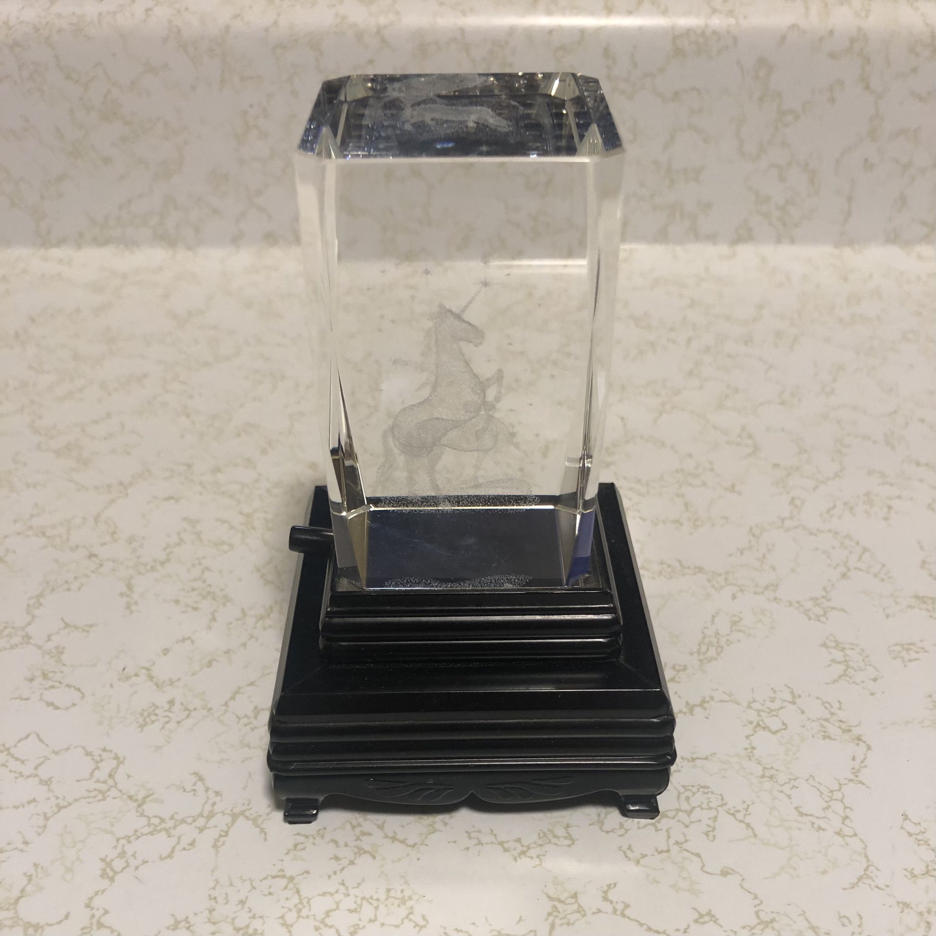 3D Unicorn Glass Paperweight Laser Etched Crystal Cube With Light Stand