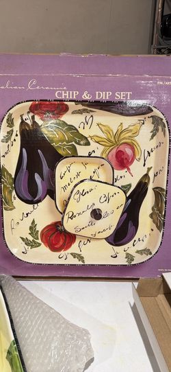 vintage Italian ceramic chip and dip set features a hand-painted vegetable motif with eggplants