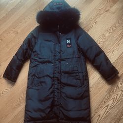 Girls Zipper Hooded Black Long Coat Size 10-12