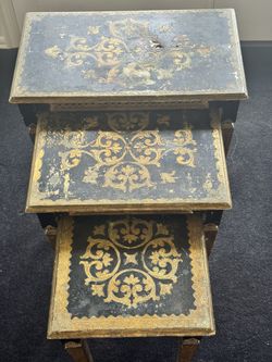 Vintage Moroccan Nesting Tables – Black & Gold Boho Set of 3
