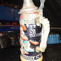 Vintage Handarbeit Egon Bay Germany Beer Stein w Lid Knight on Horse 9+" tall