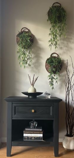 Solid Wood Charcoal Black accent table with drawer and shelf storage | Modern Organic Style | Brass Hardware