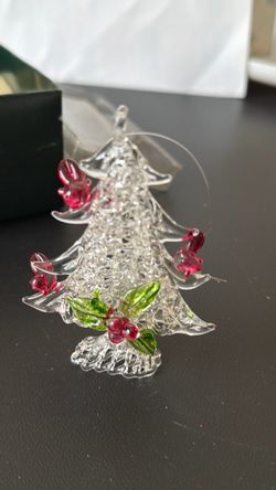 Glass Christmas Tree Figurine with Red Birds Ornament