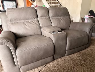 Gray Leather Reclining Loveseat with Console