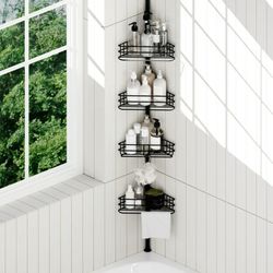  4-Shelf Corner Shower Caddy Tension Pole, Black