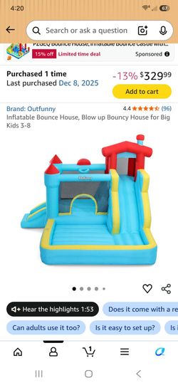 Inflatable bounce house for 3-10 year olds blower included