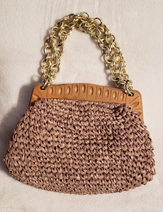 crochet handbag with gold chain handle by Morris Moskowitz