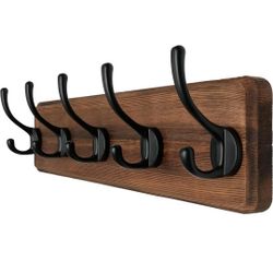 Dseap Wall Mounted Coat Rack: Patented, Heavy-Duty, 17.4" Long 5-Double-Hooks Wooden Hanger Rail for Winter Coats, Hat, Jacket, Clothing - Natural & B