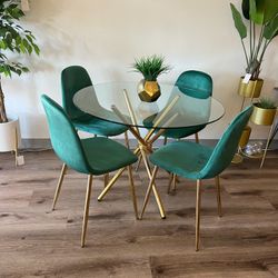 Emerald Green Gold Glass Dining Set With Velvet Chairs 