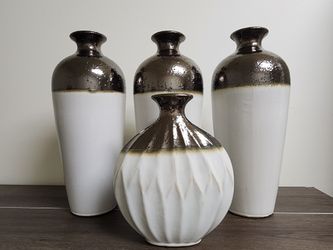 Vintage Modern Bronze & White Ceramic Floor Vase | Studio Pottery Style