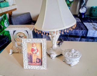 A NEW Four (4) Piece Classic White. Clock, Lamp, Trinket Box w/ Lid and a Picture Frame