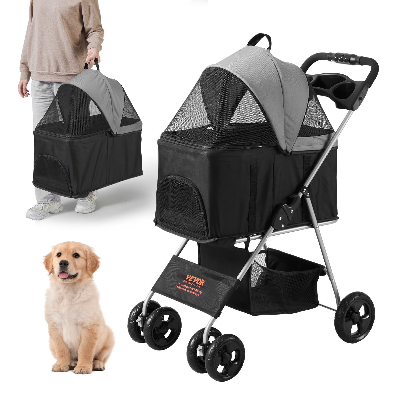 VEVOR 3 In 1 Dog Stroller For Medium Small Dogs Up To 35lbs, 4 Wheels Folding Pet Stroller For Dogs Cats With Detachable Carrier, Portable Cat Puppy J