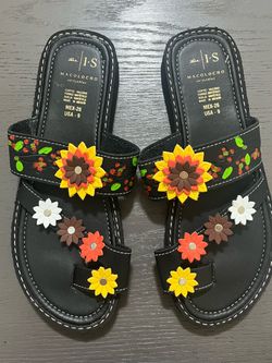 Macolocho Women’s Black Multicolor Floral Leather Slide Slip-On Sandals US 9