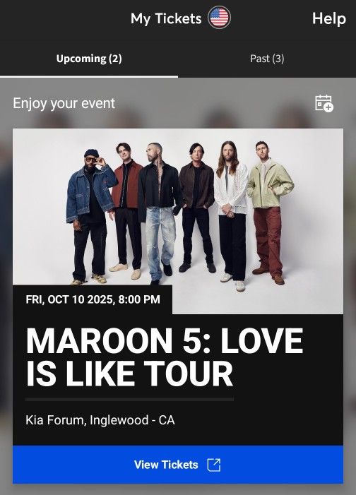 Maroon 5 Concert 2 Tix Side By Side Friday 10/10/25