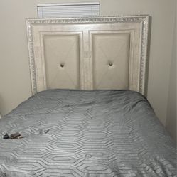 Silver & Cream Queen Size Bed Frame And Headboard 