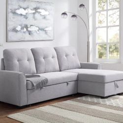 LIGHT GRAY FABRIC SECTIONAL SOFA STORAGE CHAISE ADJUSTABLE BED COUCH - SILLON SECCIONAL CAMA