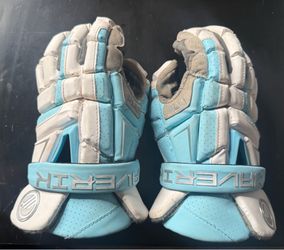 Used Maverik M6 Lacrosse Gloves Mens Carolina Blue And White 13"