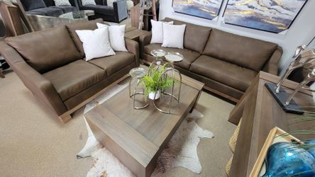 Modern Wooden Frame & Base Brown Sofa and Loveseat