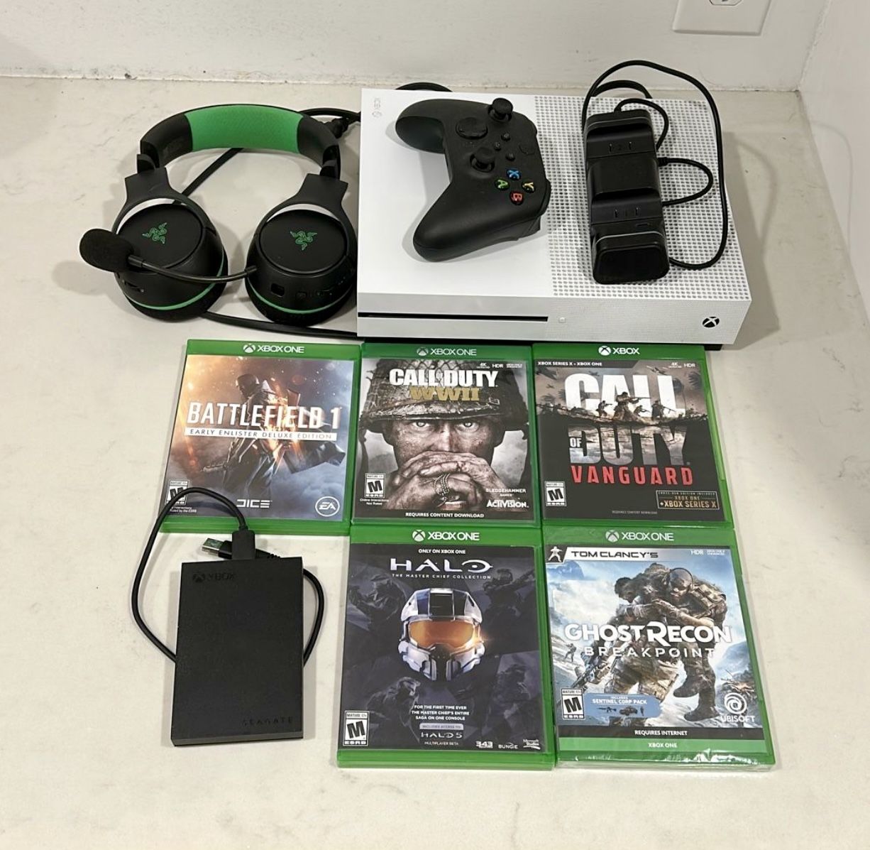 Xbox One S Bundle (Hard Drive, Games, Headset, Charger)