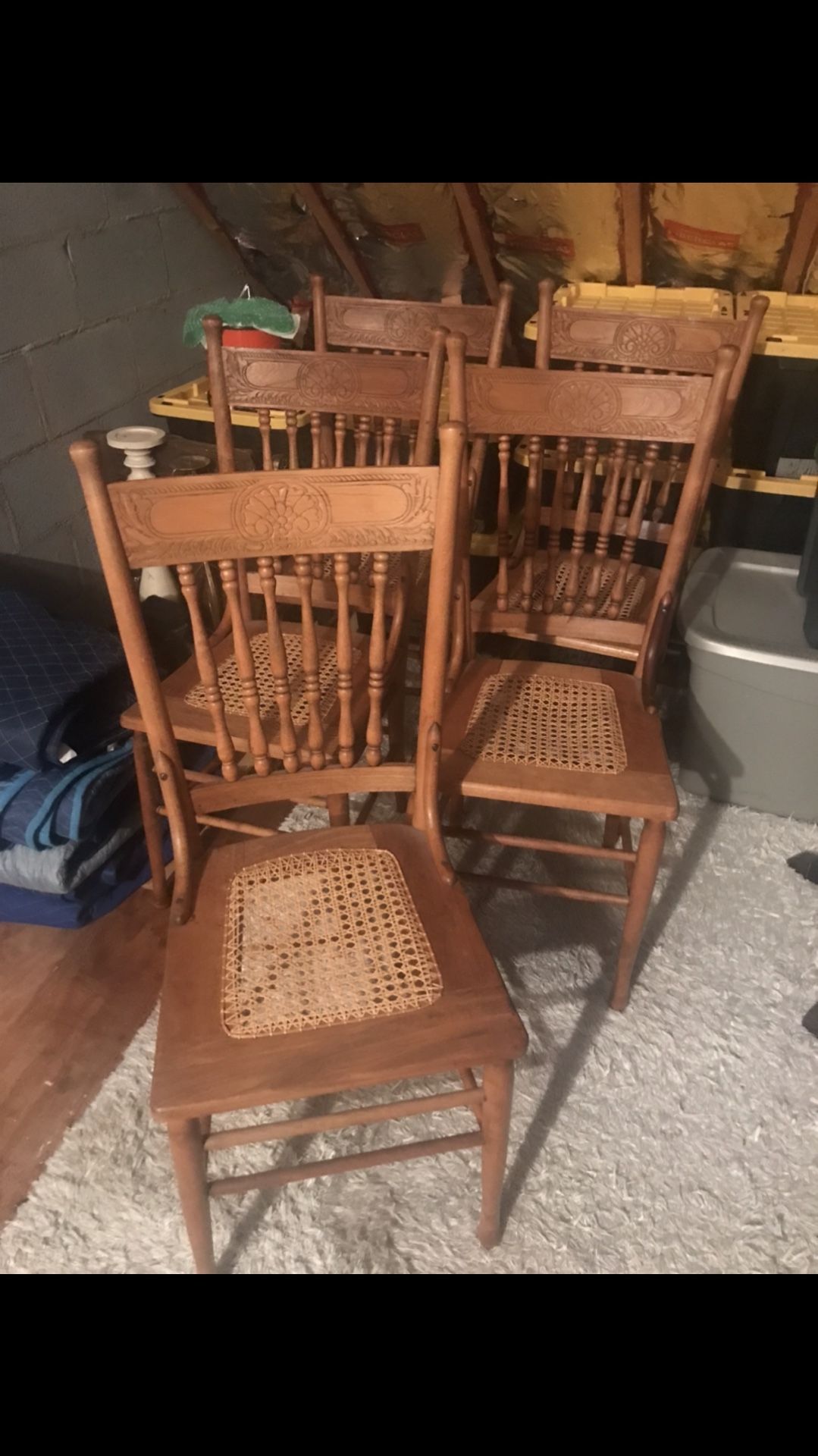 Antique Press Back Caned Seat Farmhouse Chairs - Set Of 5