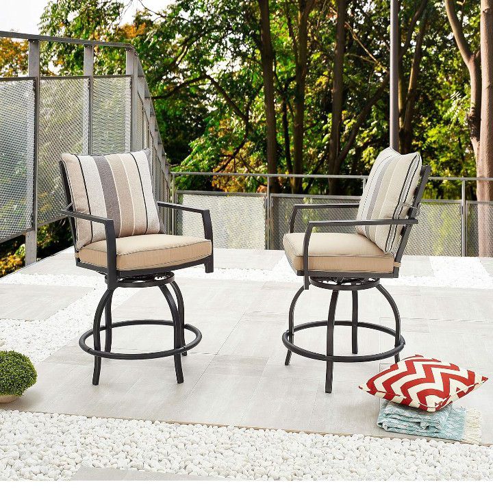 LOKATSE HOME Patio Bar Height Chairs, Outdoor Swivel Bar Stools Chairs with Seat and Back Cushions, High Swivel Armrest Bar Chair Set of 2

