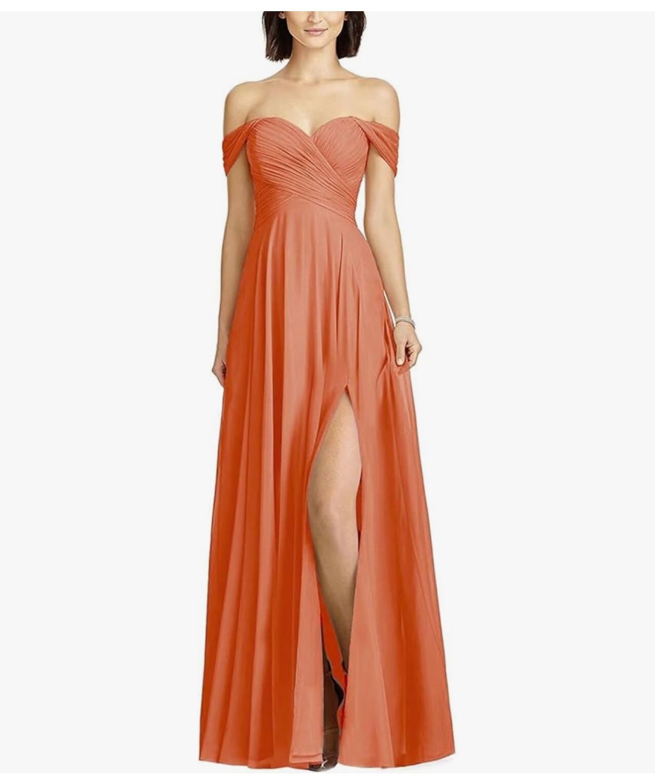 NEW Off Shoulder Bridesmaid Dresses for Women Long Pleated Chiffon A Line Formal Evening Prom Dress with Slit