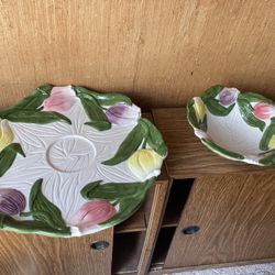 mnibus Japanese Hand Painted Tulips Flowers Serving Plate 12” Round and 7” Bowl Easter