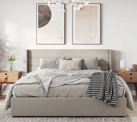Beige Upholstered Bed Frame with Wingback Headboard