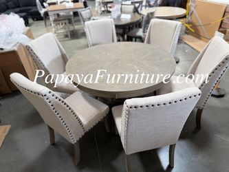 NEW 7 Piece Large Round Dining Table and Chair Set Distressed Weathered Grey Gray Restoration Hardware RH Style Ashley Jerome Clearance Furniture SAL 