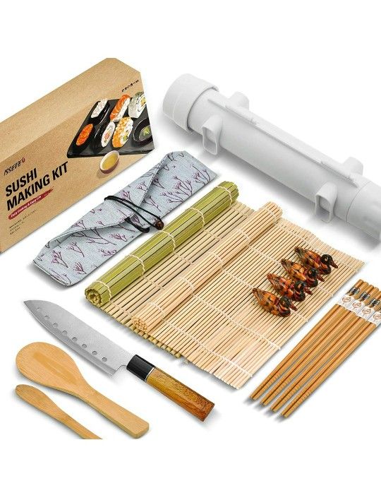 ISSEVE Sushi Making Kit, Bamboo Sushi Mat, All In One Sushi Bazooka Maker with Bamboo Mats, Bamboo Chopsticks, Paddle, Spreader, Sushi Knife, Chopstic