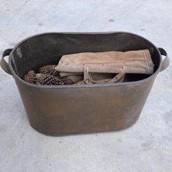 Copper Firewood Bin w/leather Wood Carrier