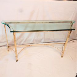 Vintage Tommaso Barbi Italian Solid Brass & Beveled Glass Console Table Side Hall Credenza Sofa Couch Entry Foyer Designer Italy Hollywood Regency MCM