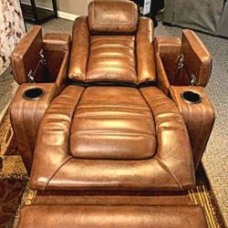 Brand New💯 Brown Real Leather Massage Power Recliner With Adjustable Headrest☄️ $39 Down Payment 👌