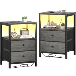 Nightstands Set of 2 with Charging Station and LED Light
