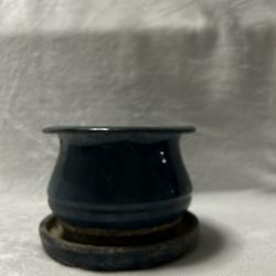 Blue small 6 inch ceramic planter pot with drainage saucer